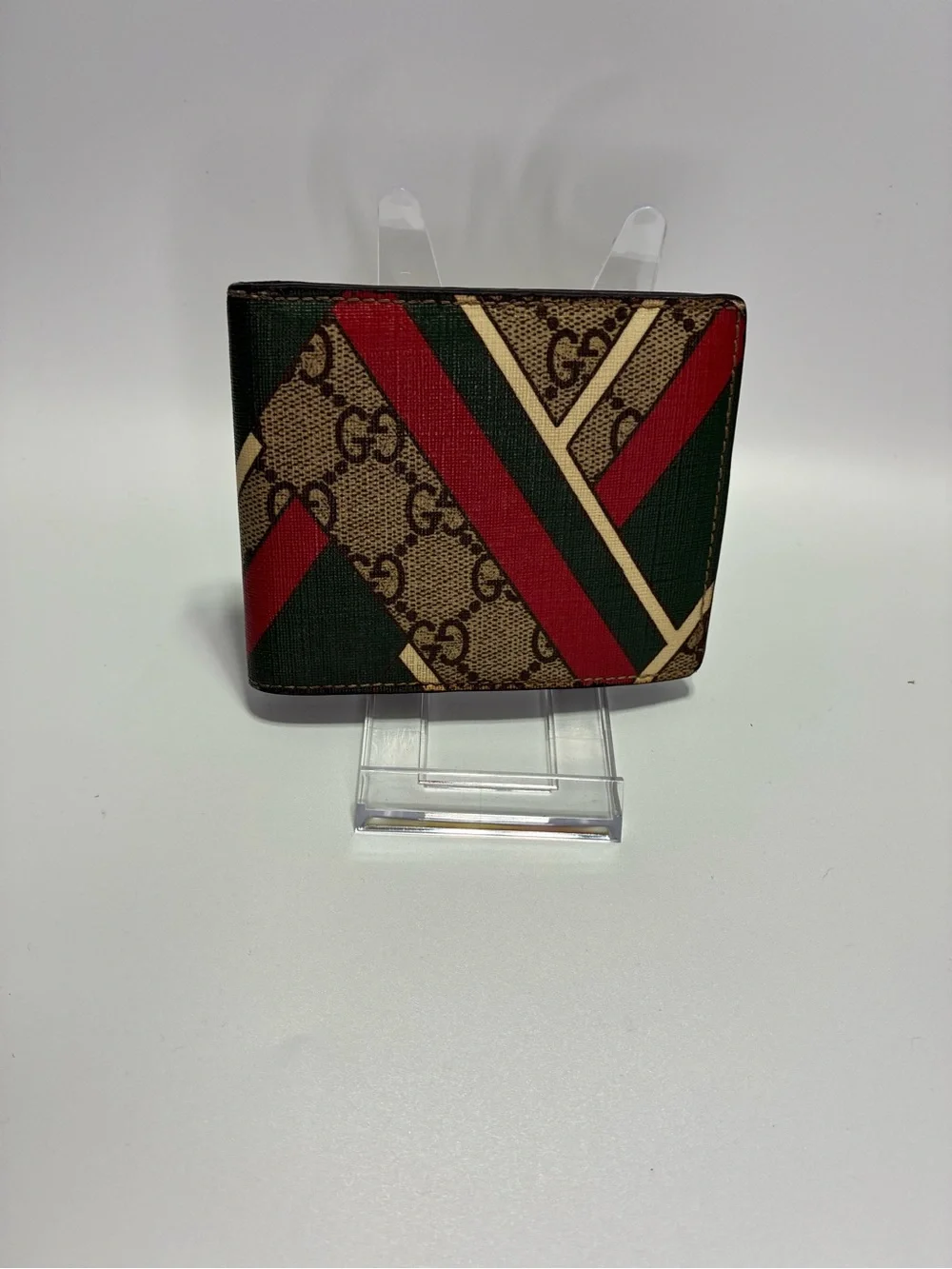 Gucci Brown Canvas Bifold Wallet with Red & Green Stripe Detail